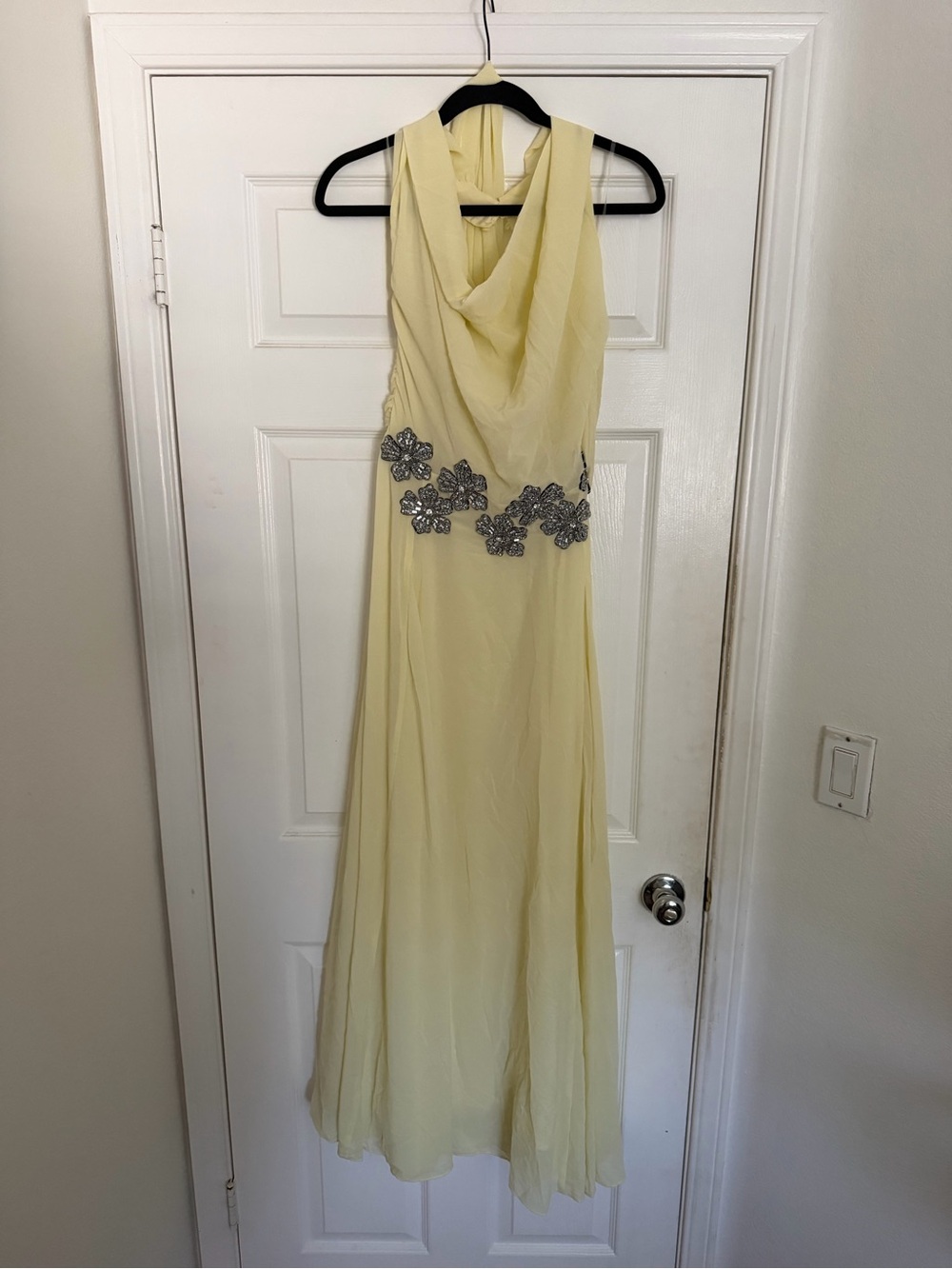 Meshki Pale Yellow Chiffon Maxi Dress with Silver Floral Appliqué